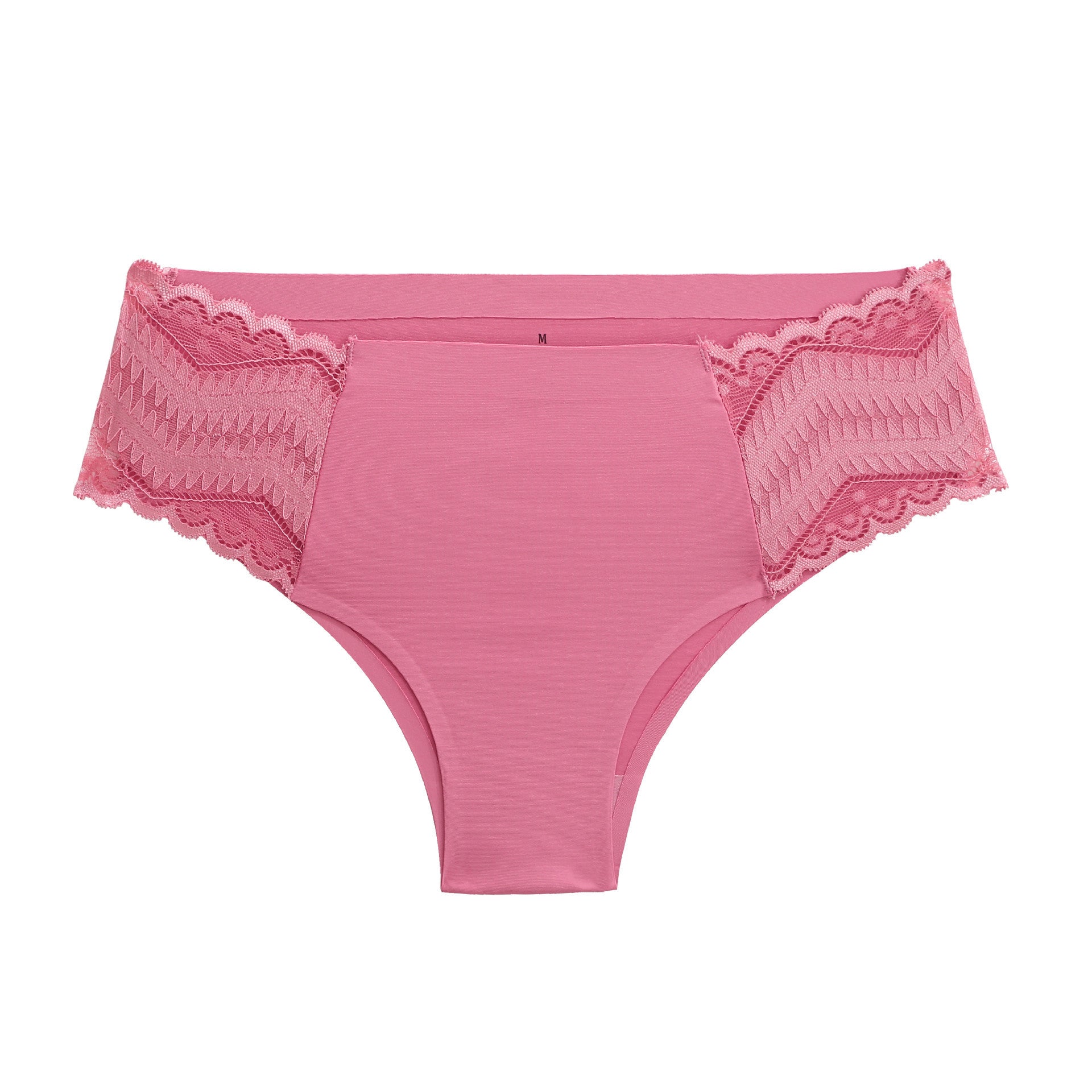 Pink women's underwear with lace trim on a white background