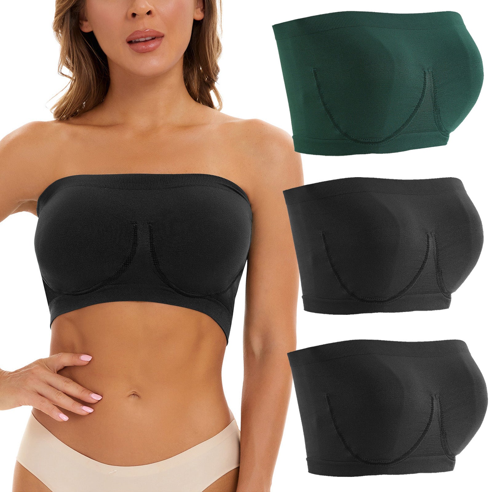 Woman wearing a black strapless bra with inset images of green, black, and gray bras.