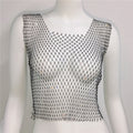 Black fishnet top on a mannequin against a white background