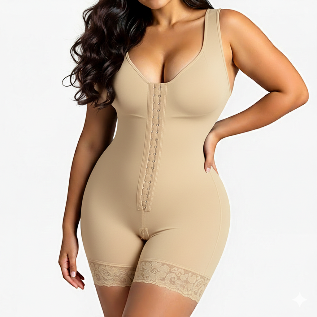 Beige shapewear bodysuit worn by a model on a white background