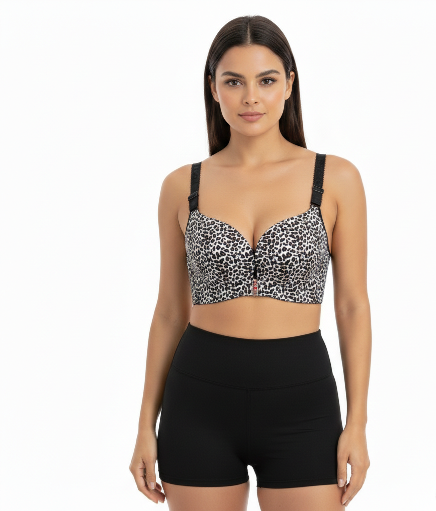 Woman wearing a leopard print bralette and black high-waisted shorts on a white background