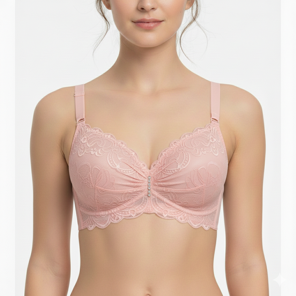 Pink lace bra worn by a model on a white background