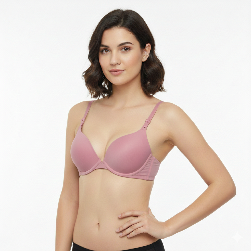 Woman wearing a pink bra against a plain background