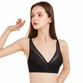 Woman wearing a black bralette on a white background
