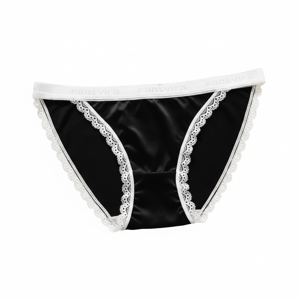 Black satin underwear with white lace trim on a white background