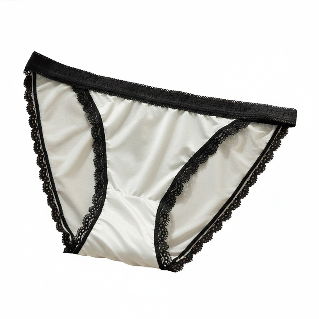 White underwear with black lace trim on a white background