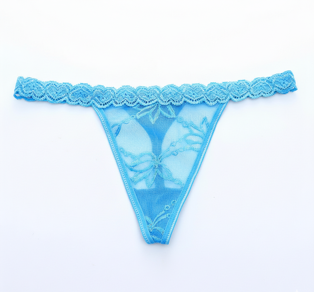 Blue lace thong on a white background