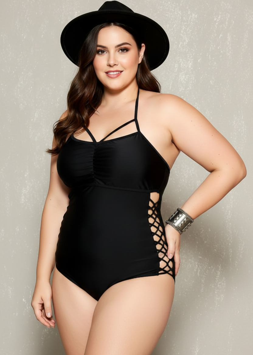 Woman wearing a black halter neck swimsuit with cut-out design on a neutral background
