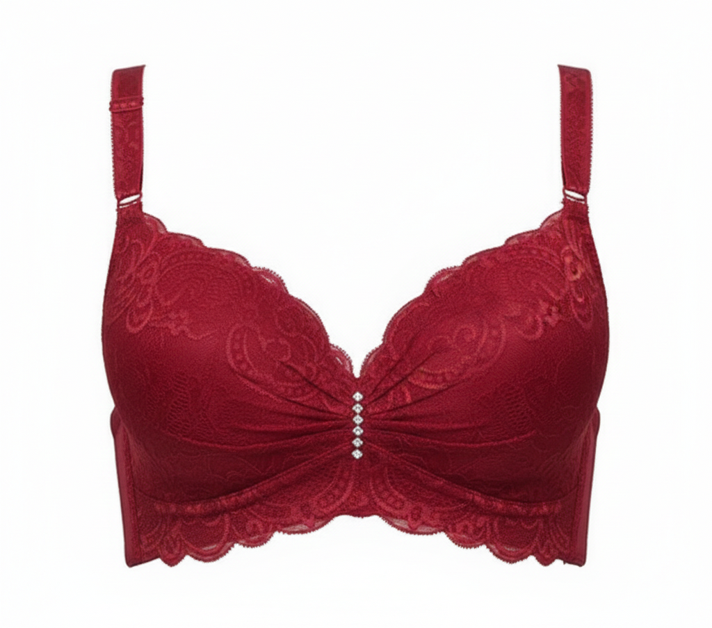 Red bra with lace details on a white background