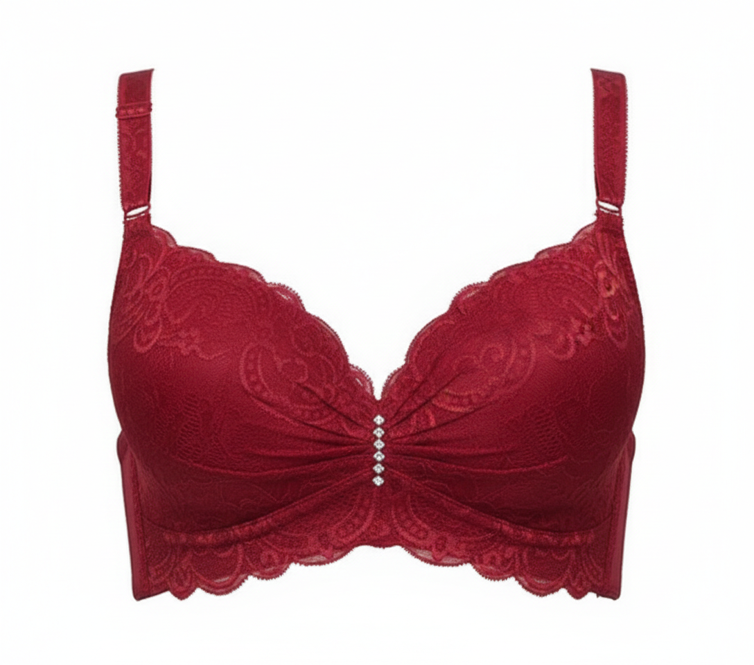 Red bra with lace details on a white background