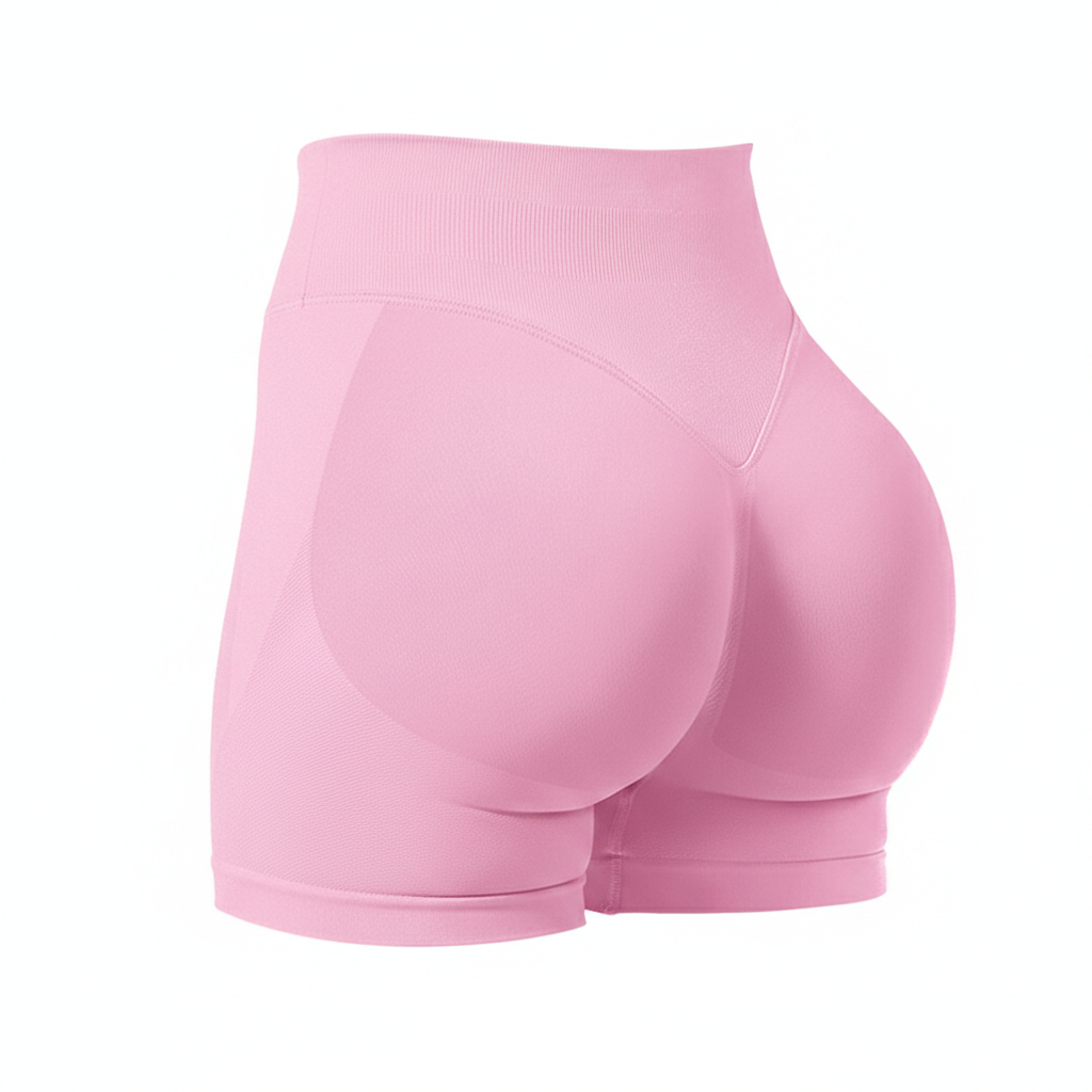 Pink athletic shorts on a white background
