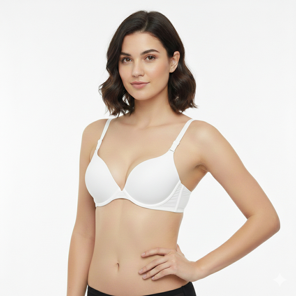 Woman wearing a white bra on a plain background