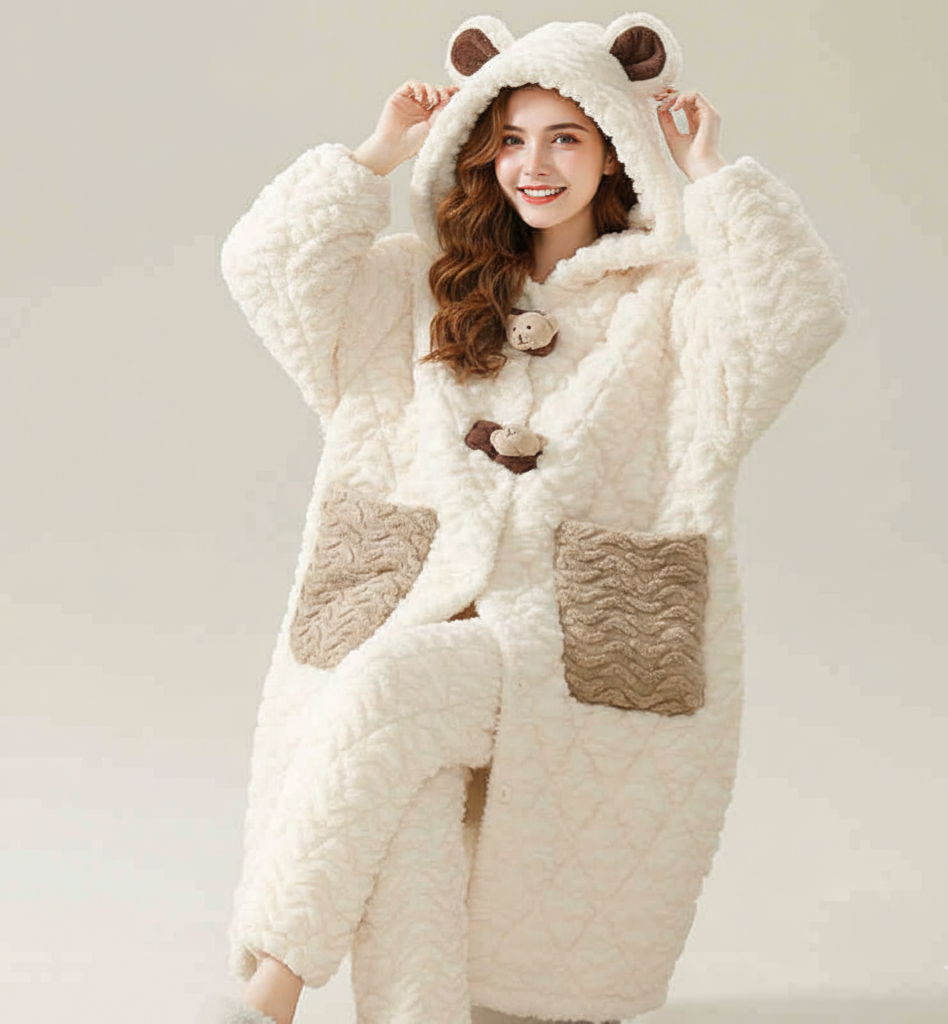 Person wearing a fluffy white robe with bear ears and paws on a plain background