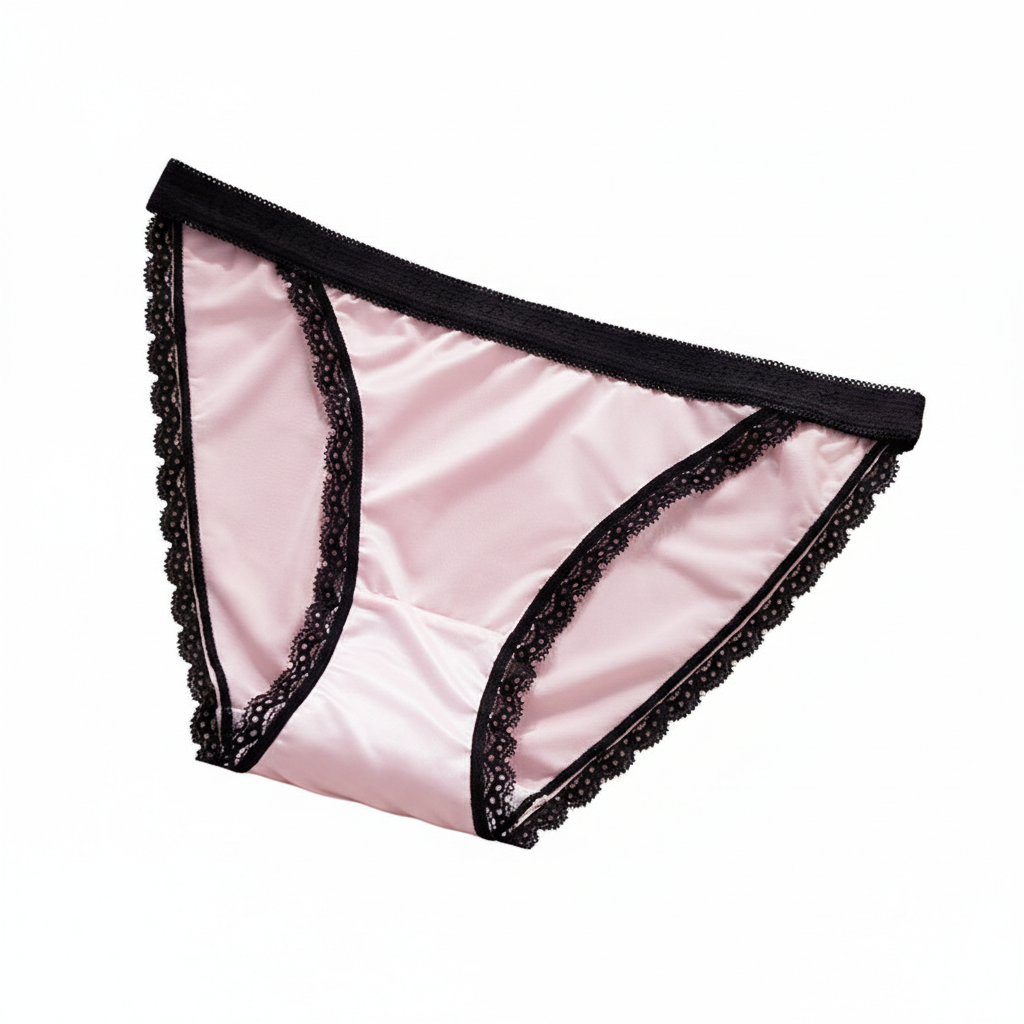 Pink satin underwear with black lace trim on a white background
