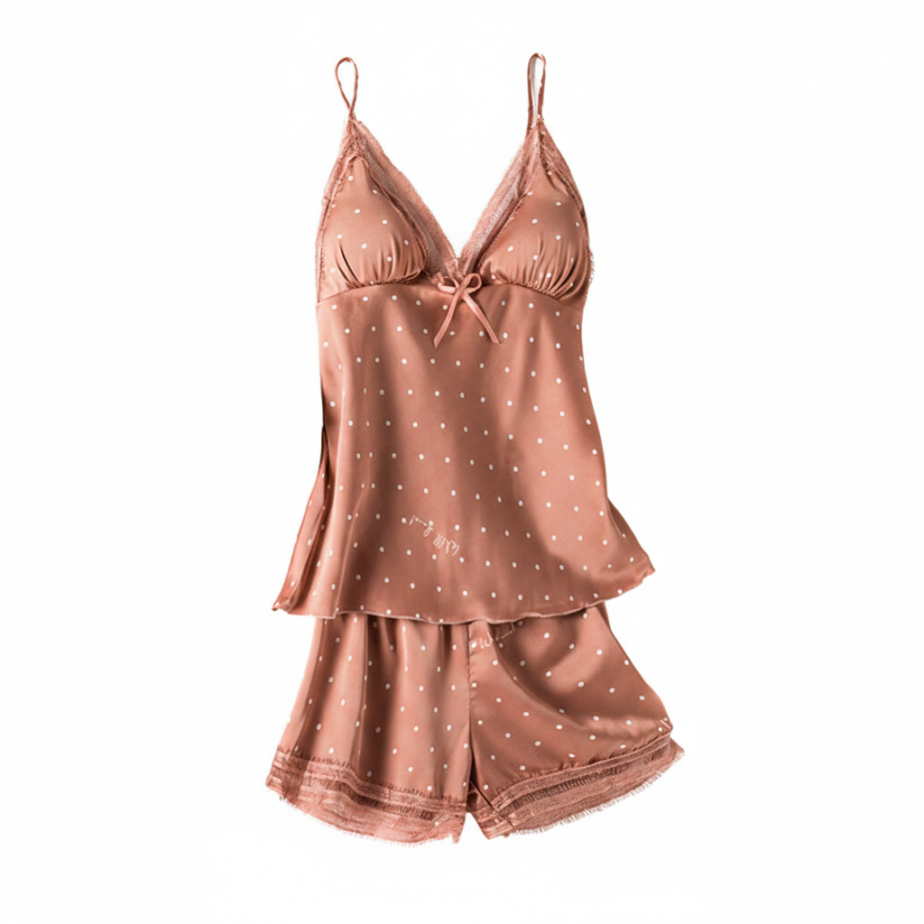 Rose gold polka dot pajama set on a white background