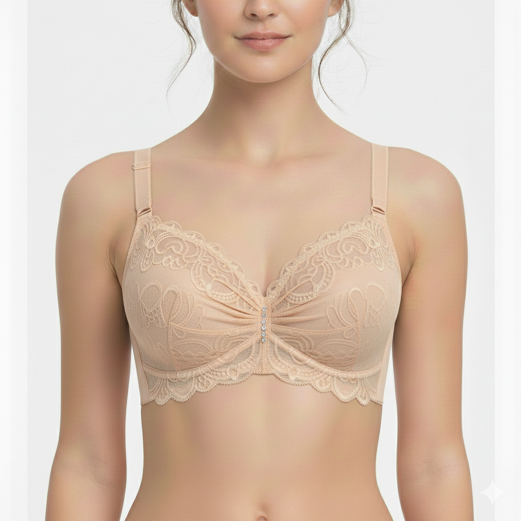 Beige lace bra on a white background