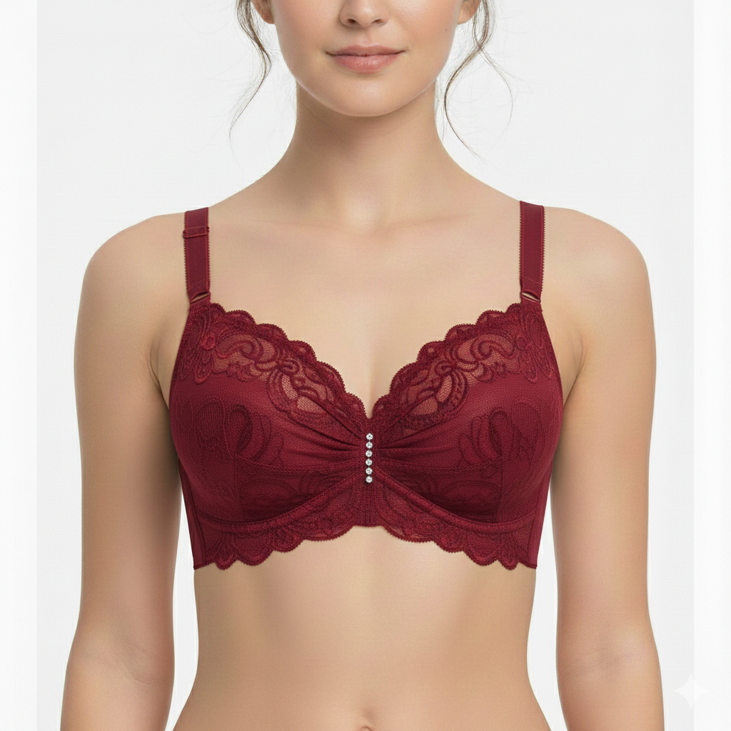 Red bra with lace details on a white background