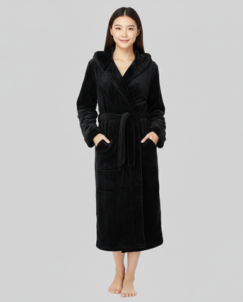 Woman wearing a black robe on a gray background