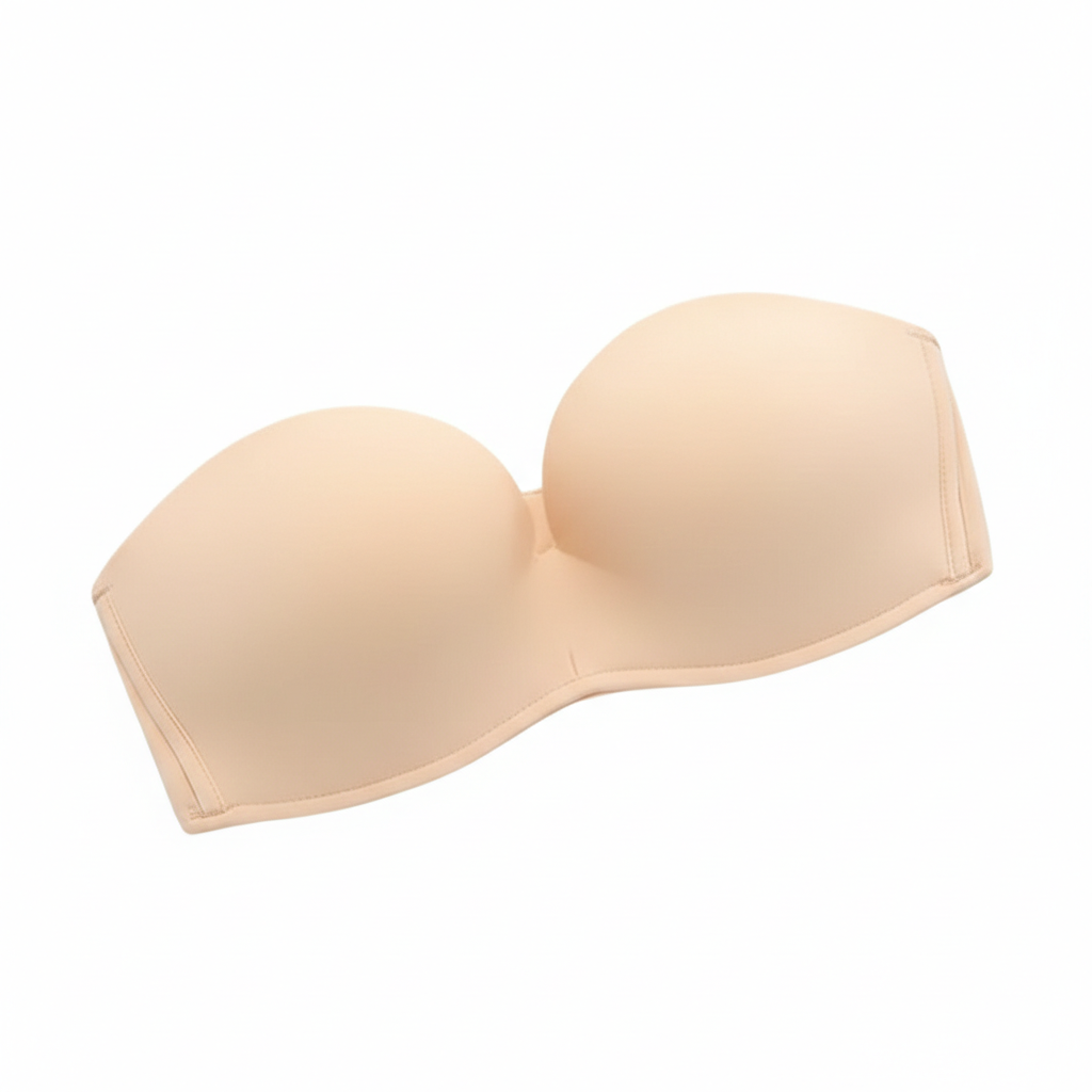 Beige strapless bra on a white background