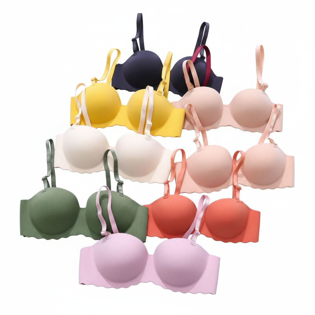 Set of colorful bras displayed on a white background