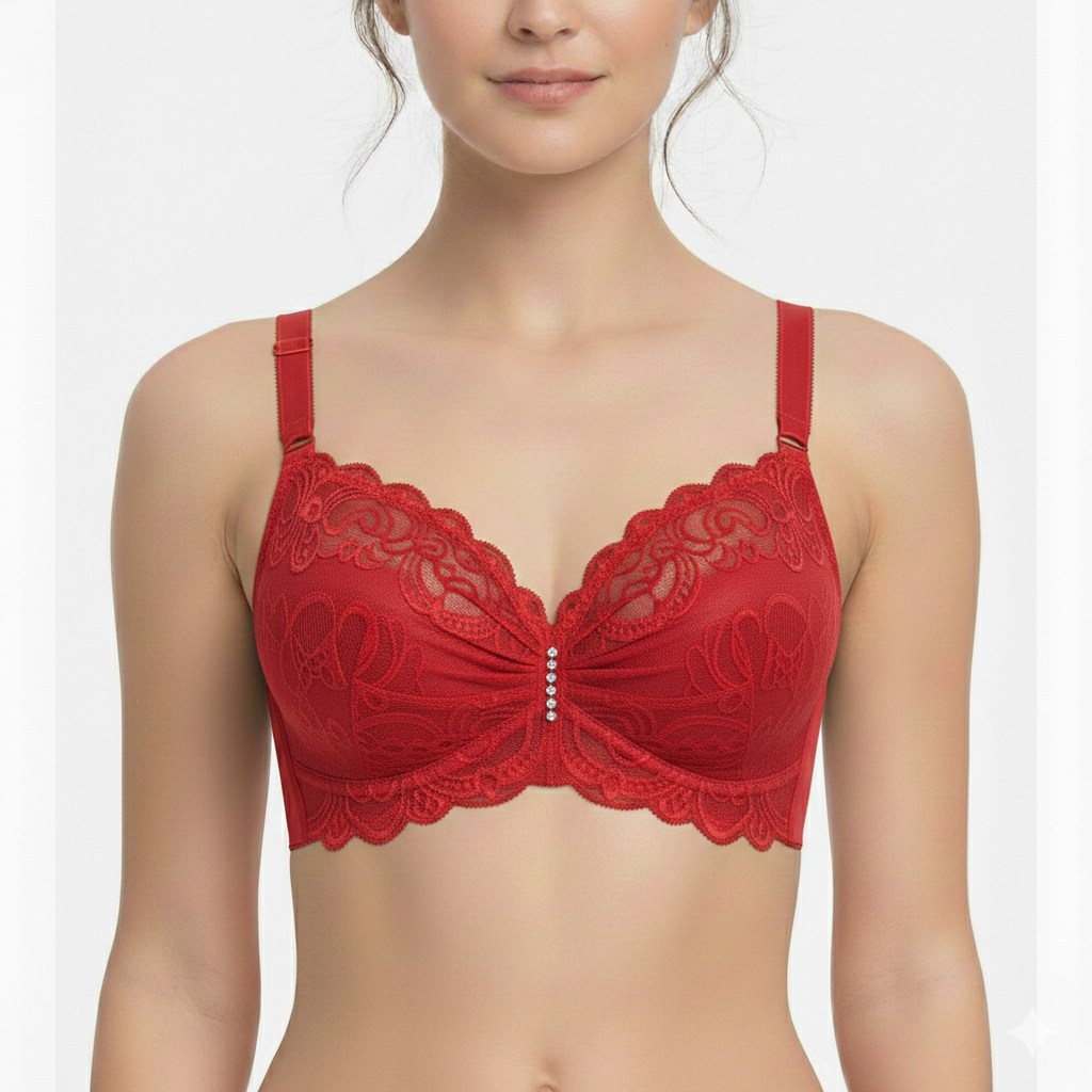 Red lace bra on a white background