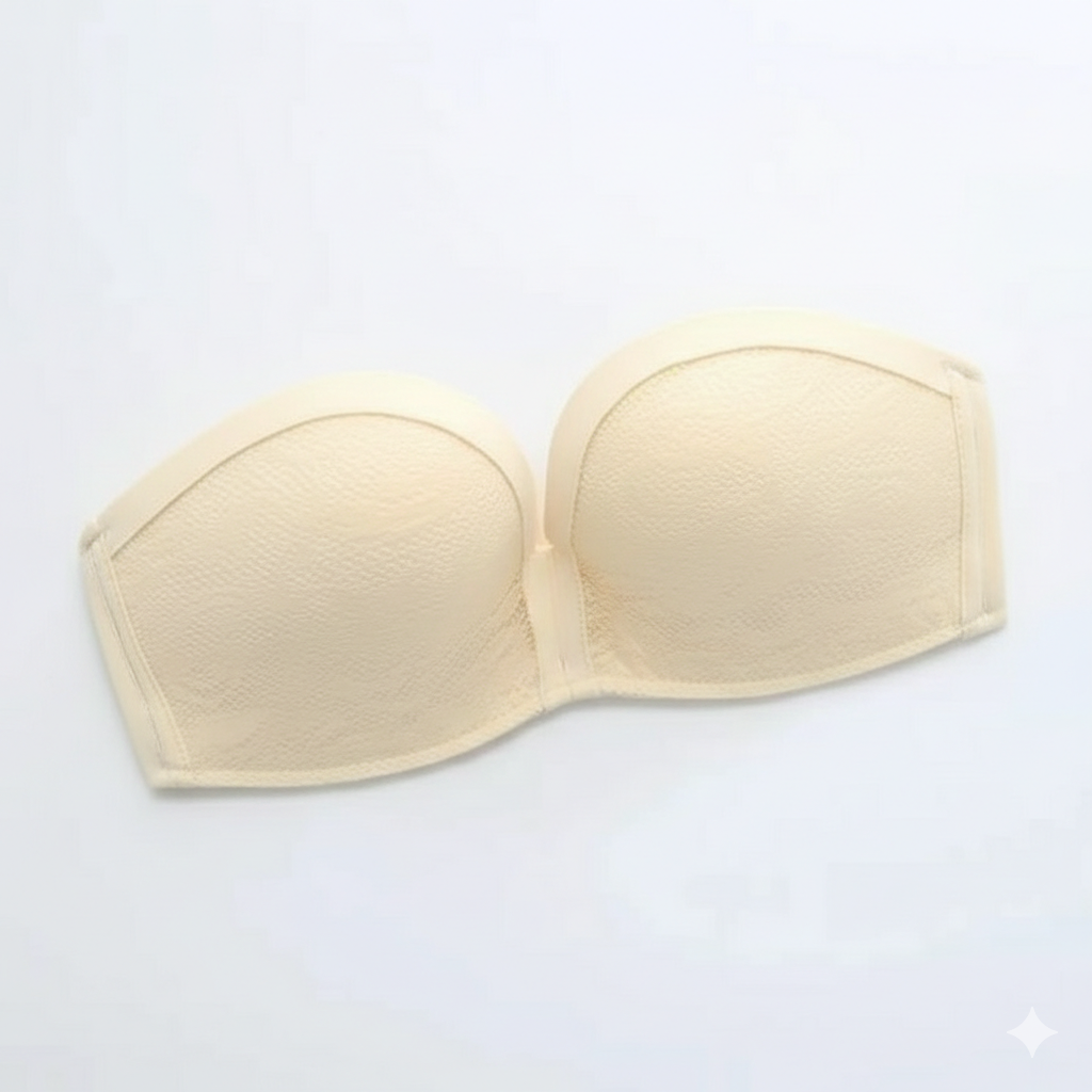 Beige strapless bra on a light gray background