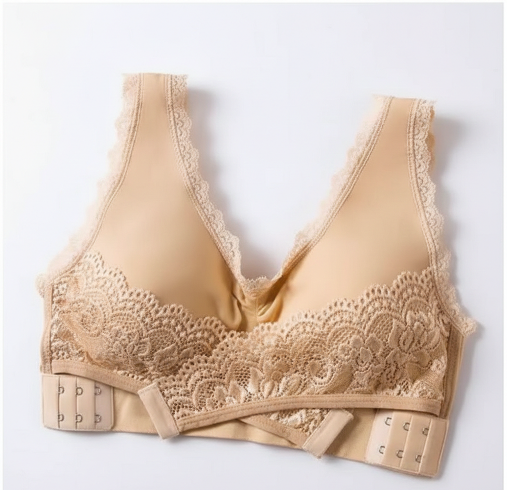 Beige bra with lace details on a light gray background