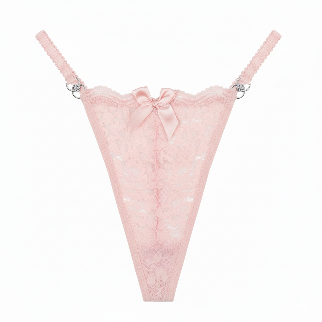 Pink lace thong with a bow on a white background