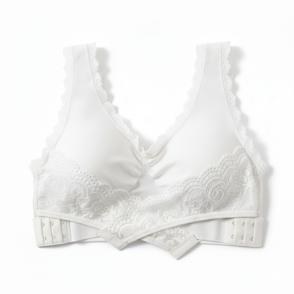 White bra with lace details on a white background