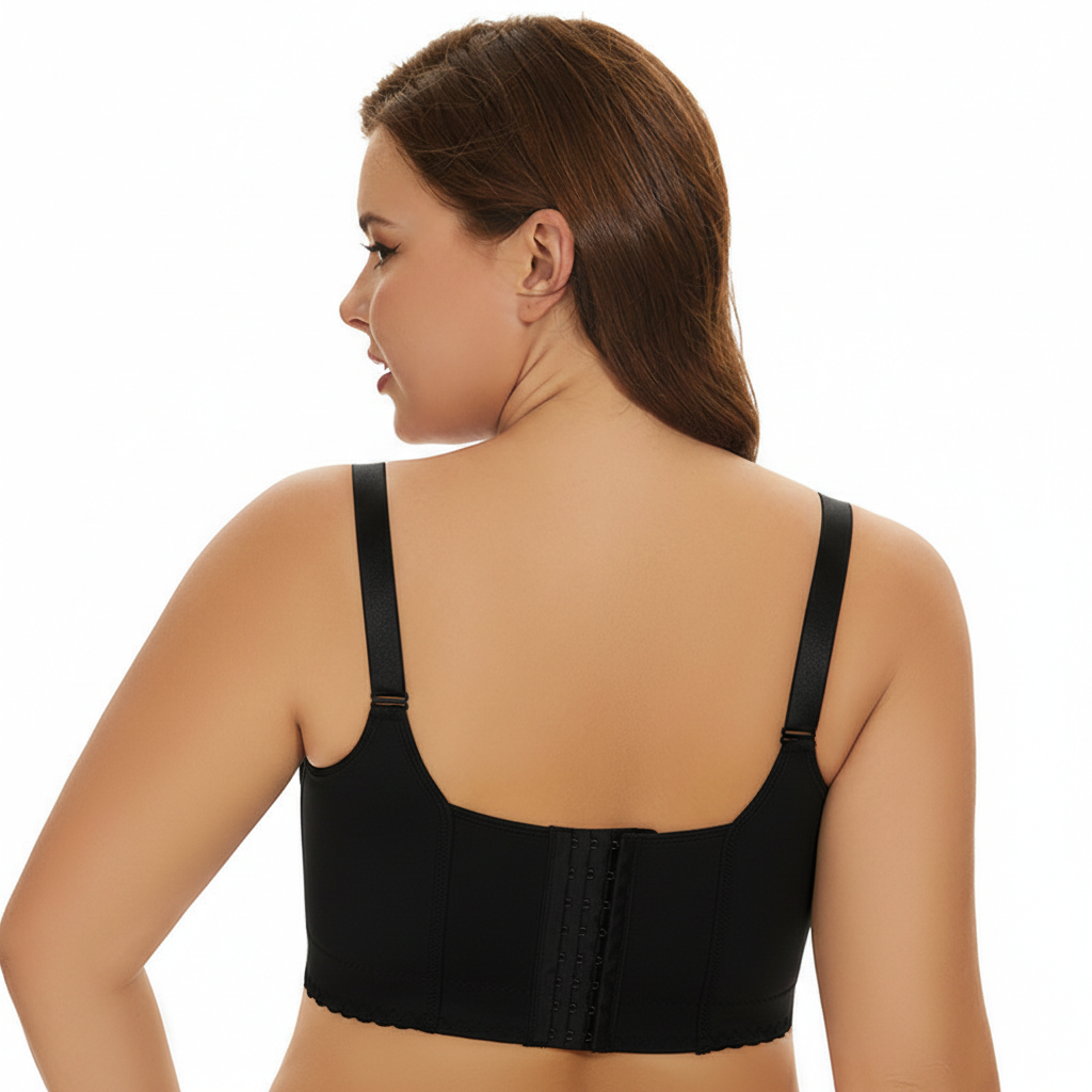 Black bra worn by a model on a white background