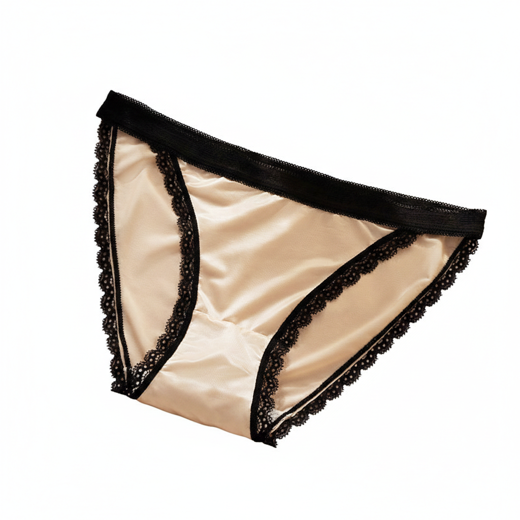Beige underwear with black lace trim on a white background