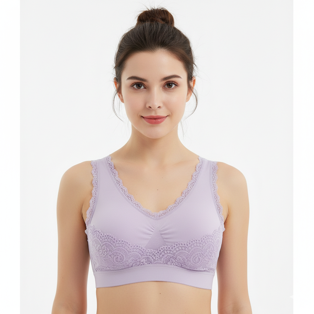 Woman wearing a light purple bralette with lace details on a white background