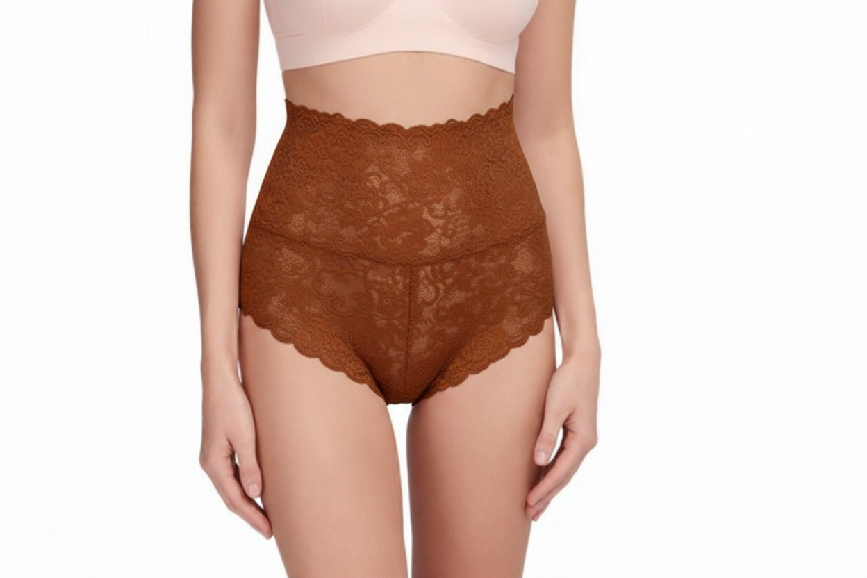 Brown lace underwear worn by a model on a white background
