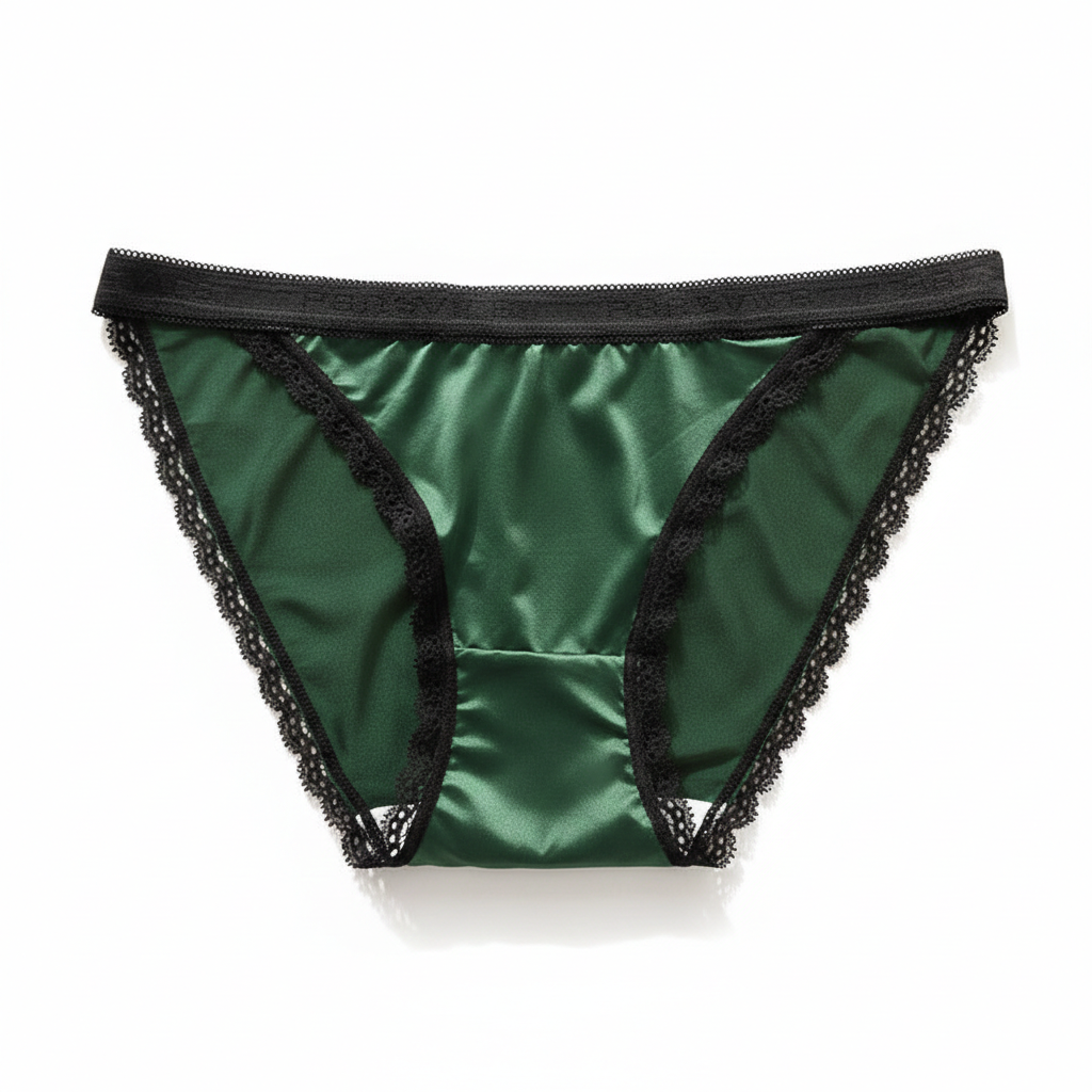 Green satin underwear with black lace trim on a white background