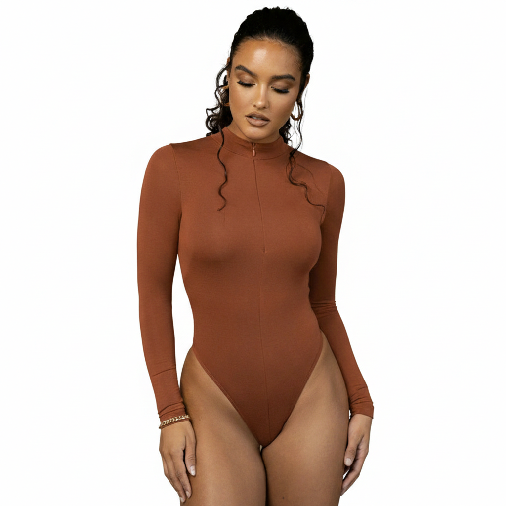 Woman wearing a brown bodysuit on a white background