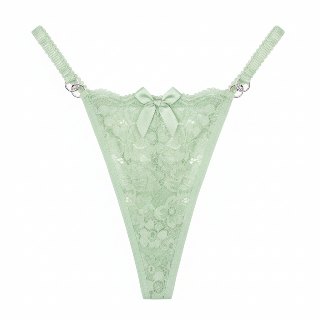 Mint green lace thong with a bow on a white background