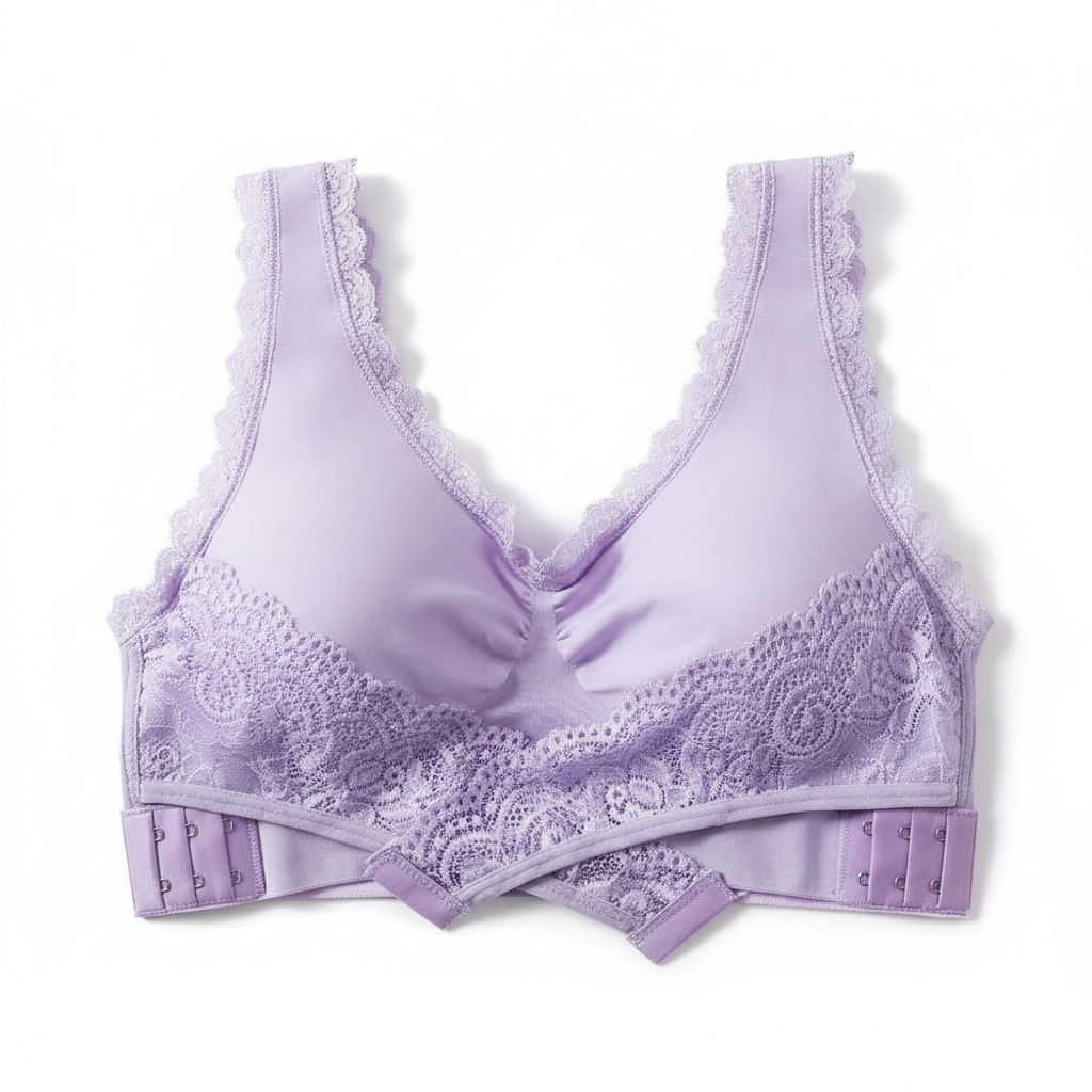 Purple bra with lace details on a white background