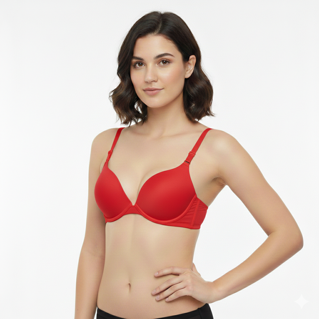 Woman wearing a red bra against a plain background