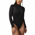Black long-sleeve bodysuit worn by a model on a white background