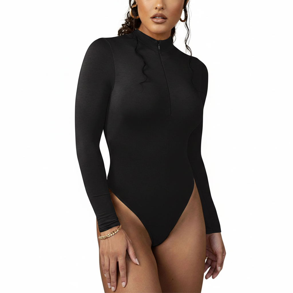 Black long-sleeve bodysuit worn by a model on a white background