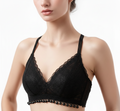 Black lace bralette worn by a model on a white background