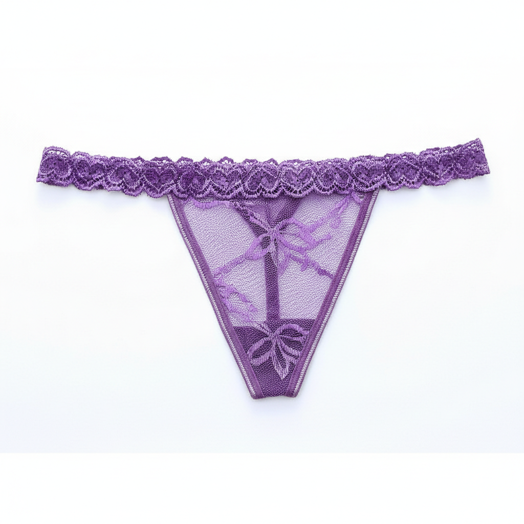 Purple lace thong on a white background