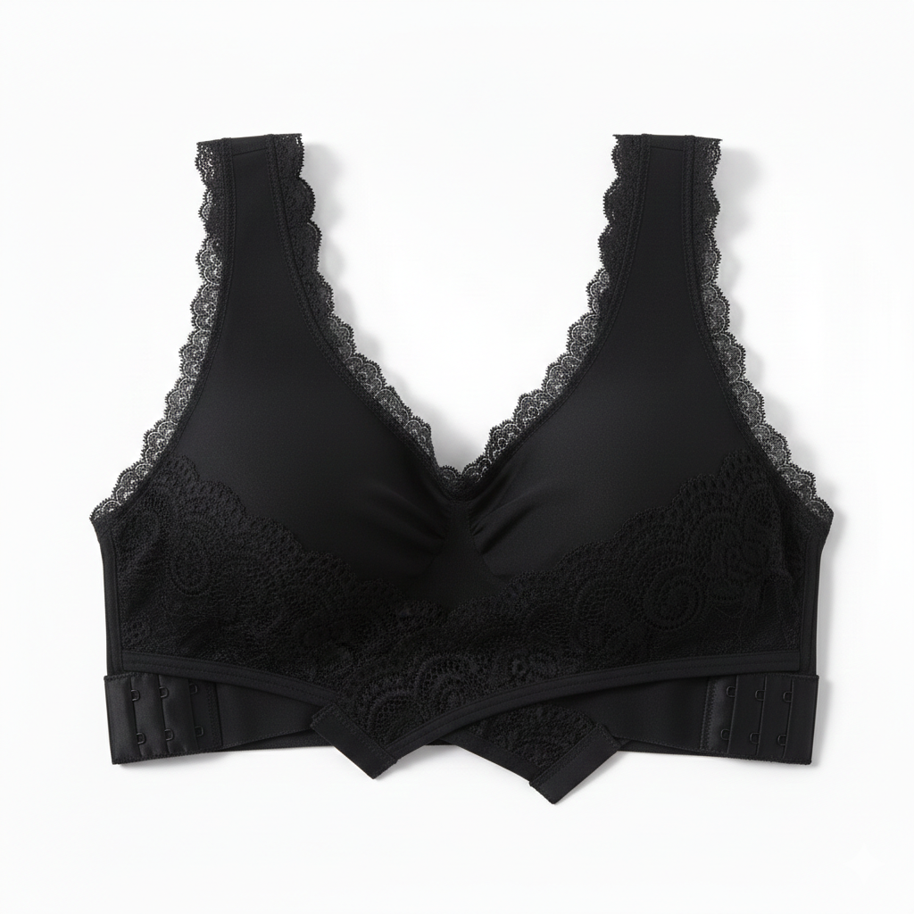 Black bra with lace details on a white background