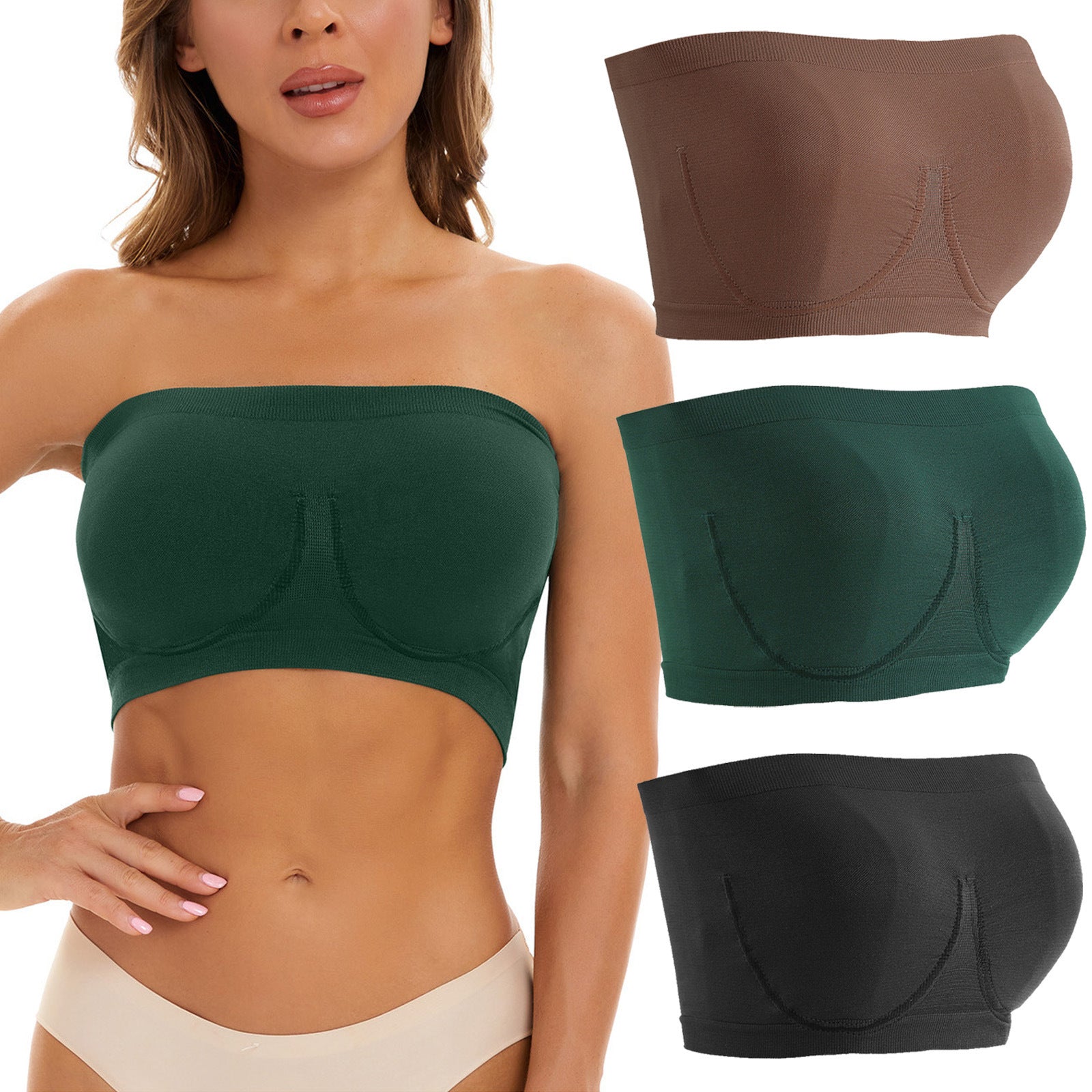 Woman wearing a green strapless bra with inset images of brown, green, and black bras.
