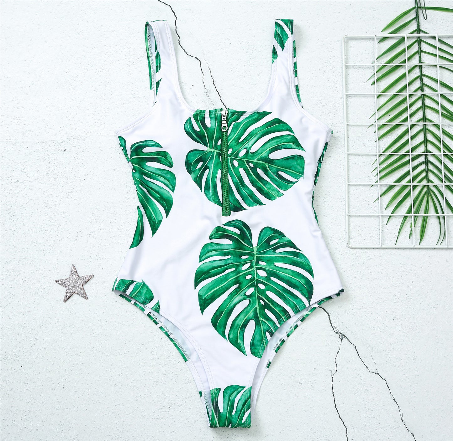 Leaf Print One-piece Zip Swimsuit