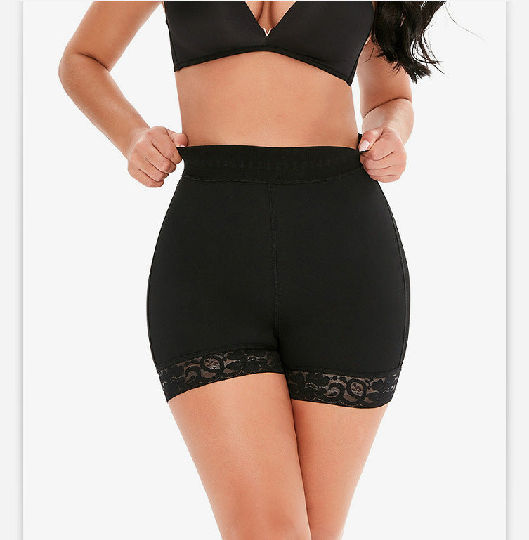 Black high-waisted shorts with lace trim worn by a person on a white background