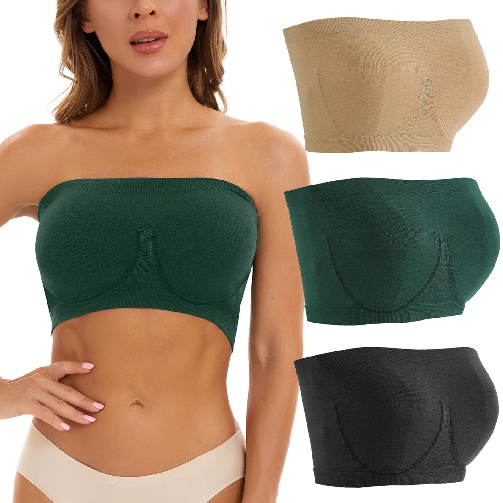 Woman wearing a green strapless bra with inset images of beige, green, and black bras.