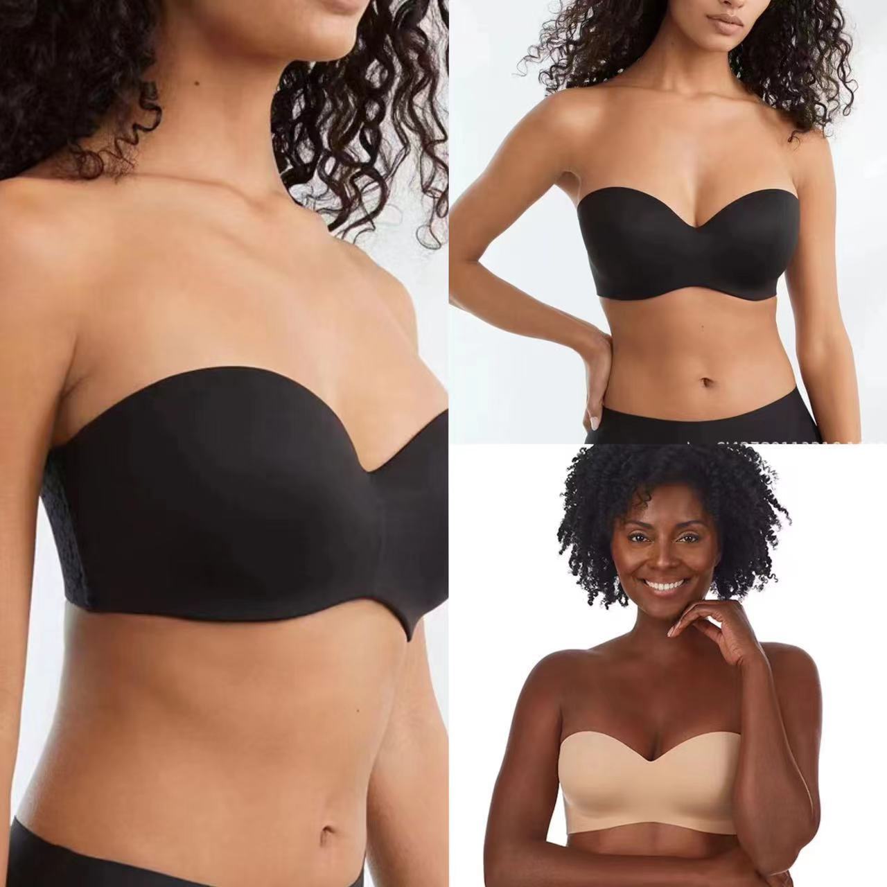 Black strapless bra worn by a model on a plain background
