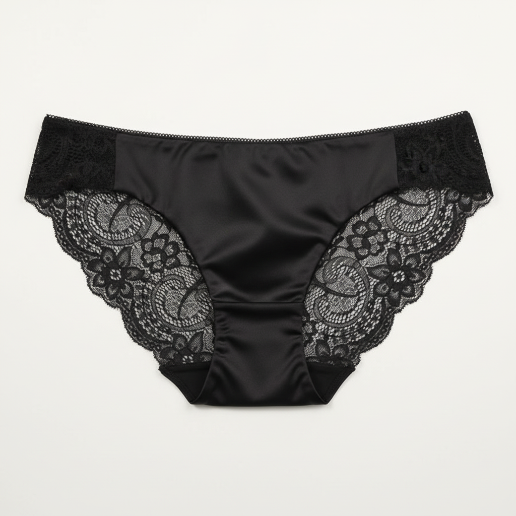 Black satin underwear with lace trim on a white background