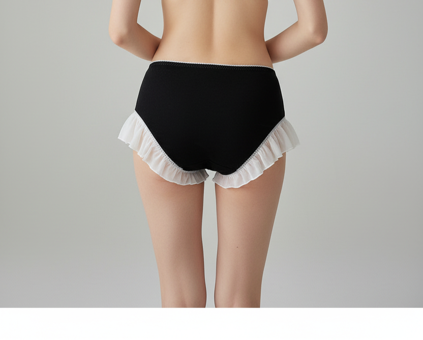 Black underwear with white ruffle trim on a plain background